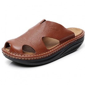 Men's Shoes summer Outdoor / Casual Leather Platform Slippers Black / Brown  